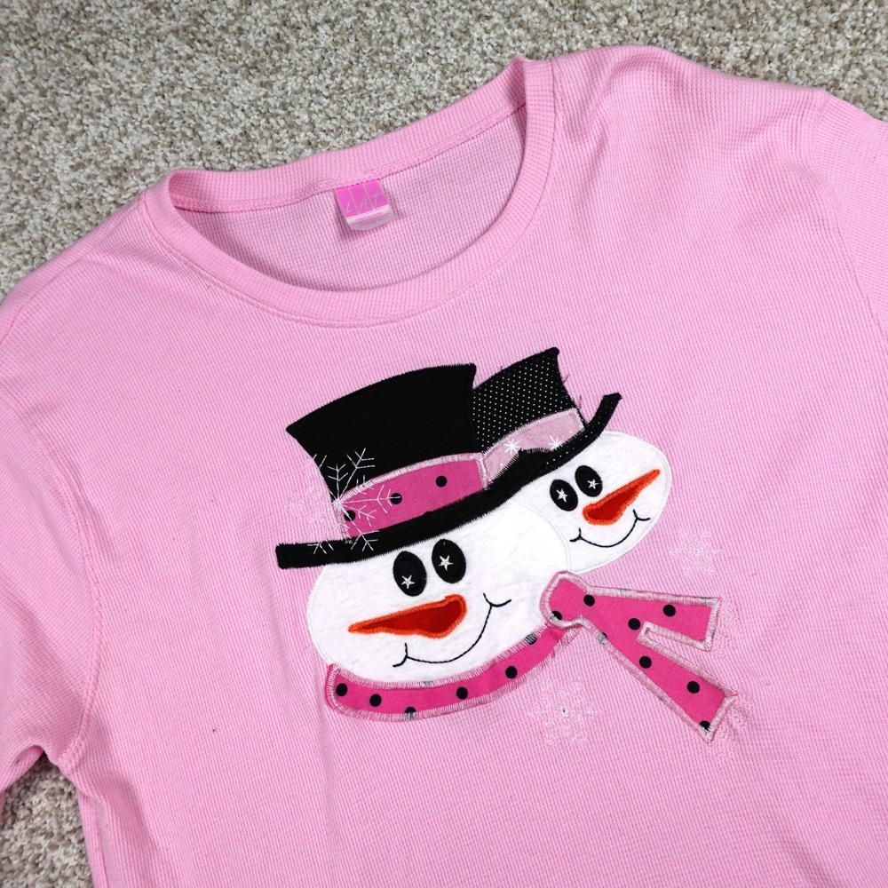 LAT Pink Waffle Knit Snowman Graphic Long Sleeve Thermal Shirt Womens XL